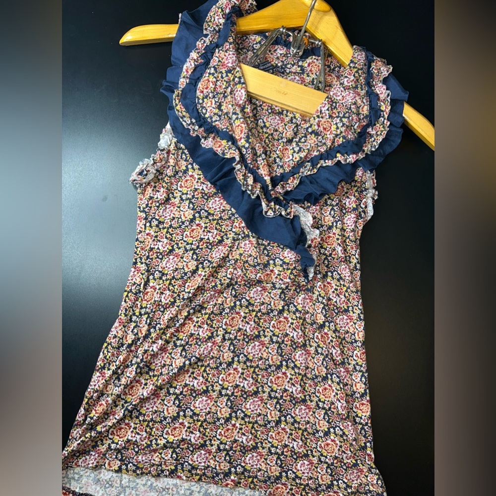 One September for Anthropologie Floral V-Neck Ruffle Sleeveless Top Sz Small GUC